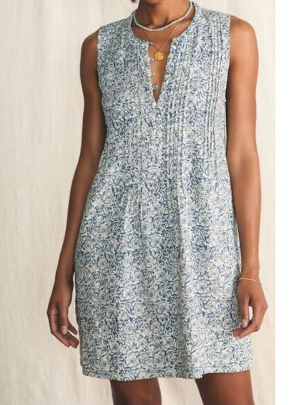 Faherty Isha Dress Linen Blend Blue Floral Sleeveless Pintuck Size XXS